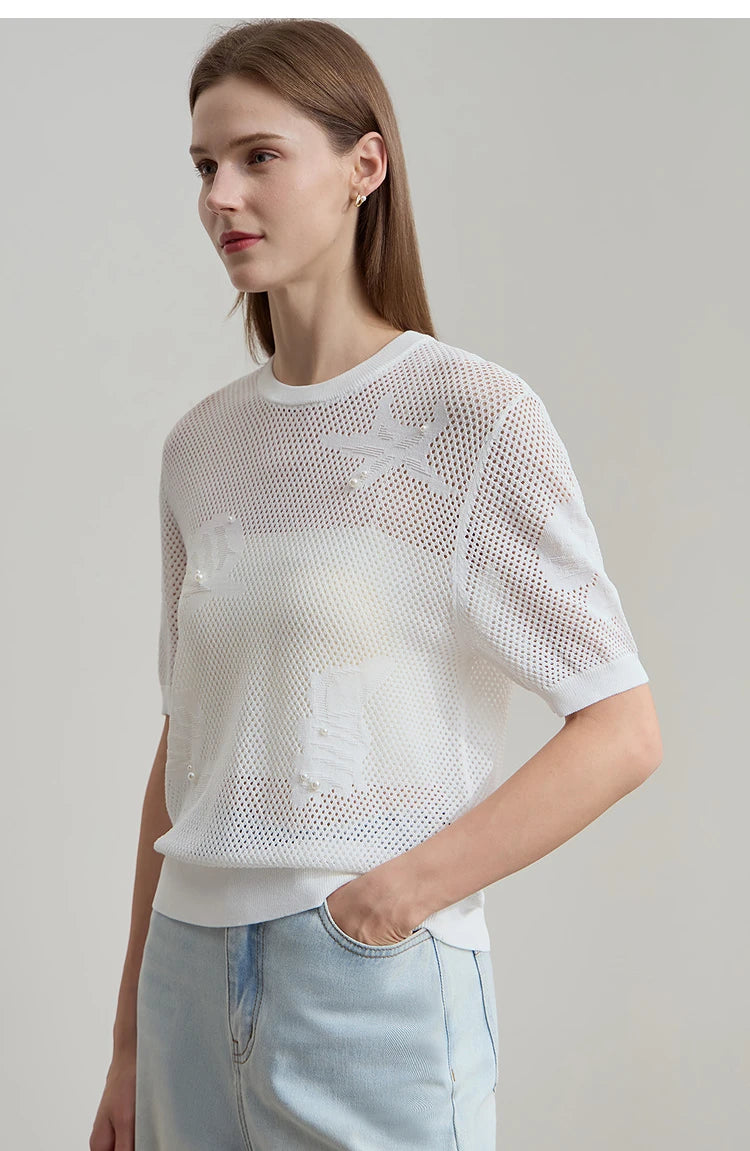 Damen Top im minimalistischen Ozean-Stil mit Perlenbesatz und durchbohrten Löchern