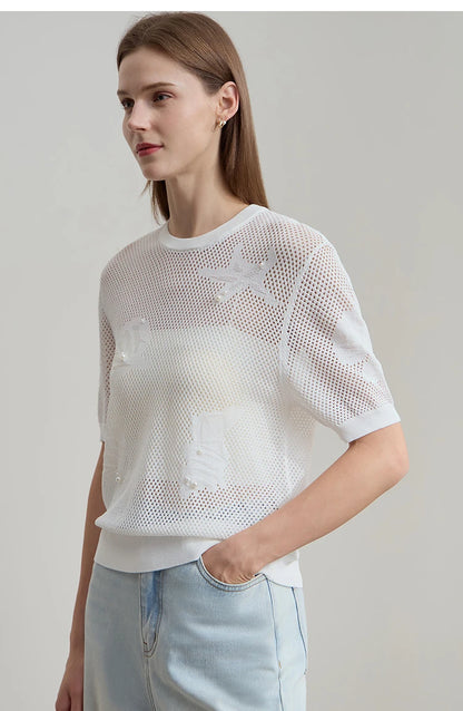 Damen Top im minimalistischen Ozean-Stil mit Perlenbesatz und durchbohrten Löchern