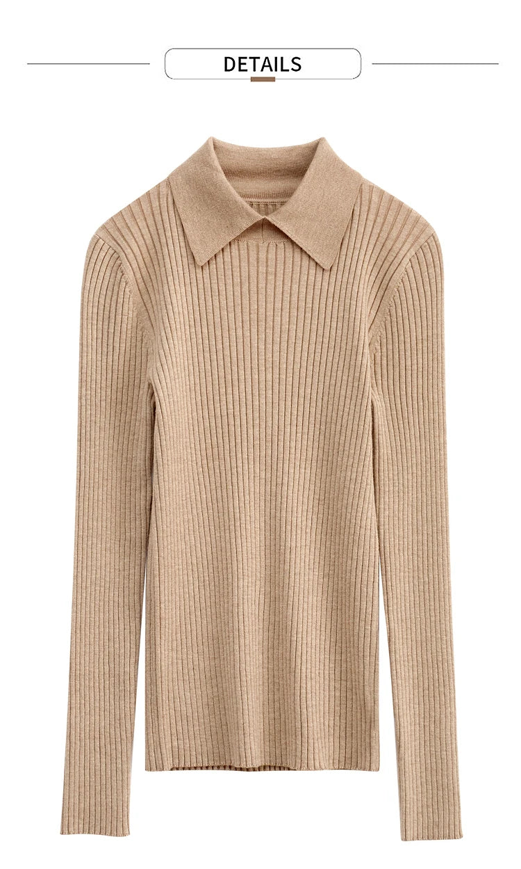 Damenpullover aus Strick, beige, gerippter Kragen und Saum, langärmlig
