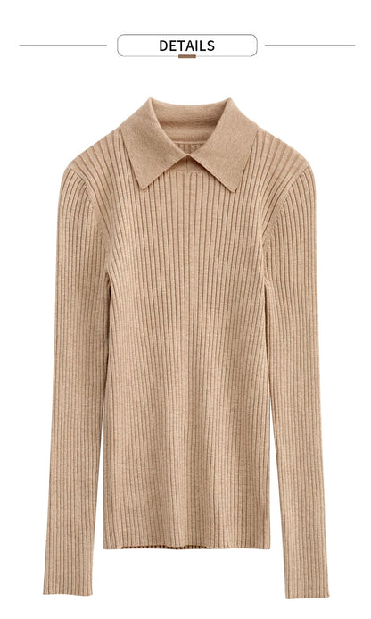 Damenpullover aus Strick, beige, gerippter Kragen und Saum, langärmlig