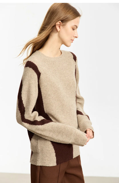 Damen-Rundhalspullover Wolle Yak asymmetrisch Patchwork locker Winter