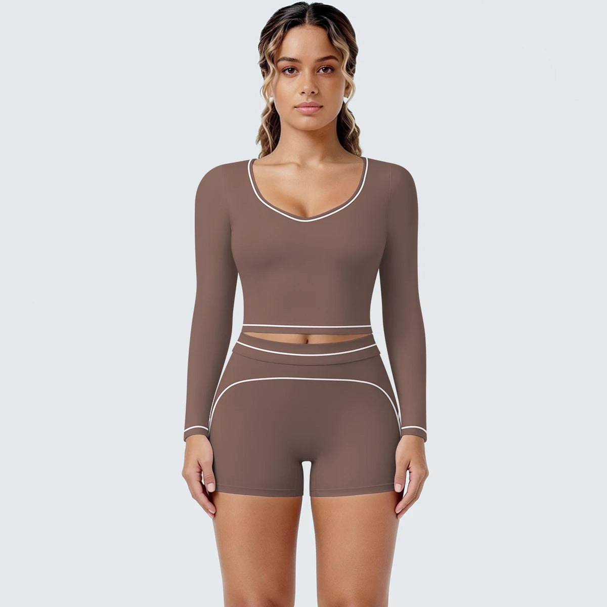 Damen-Yoga-Set mit langarmem Top und Shorts, braun, Kontrastnähte