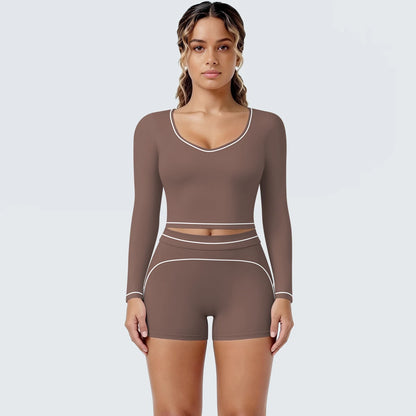 Damen-Yoga-Set mit langarmem Top und Shorts, braun, Kontrastnähte