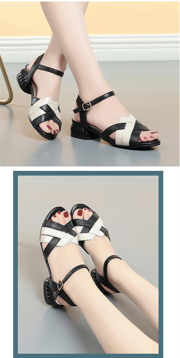 AIYUQI Sandalen Frauen Echtes Leder 2025, Neue Sommer Frauen Sandalen Rom Colorblock Offene spitze Große Größe 41 42 43 sandalen Frauen