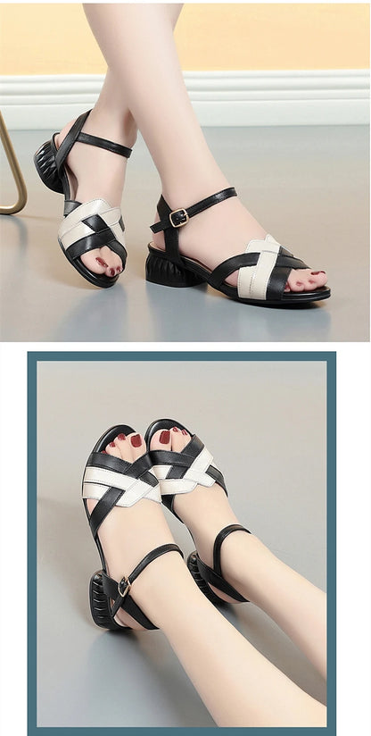 AIYUQI Sandalen Frauen Echtes Leder 2025, Neue Sommer Frauen Sandalen Rom Colorblock Offene spitze Große Größe 41 42 43 sandalen Frauen
