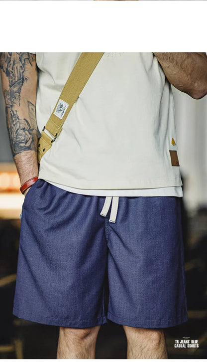 Herren Shorts im Retro-Stil aus gewaschenem Denim mit elastischem Bund und Kordelzug