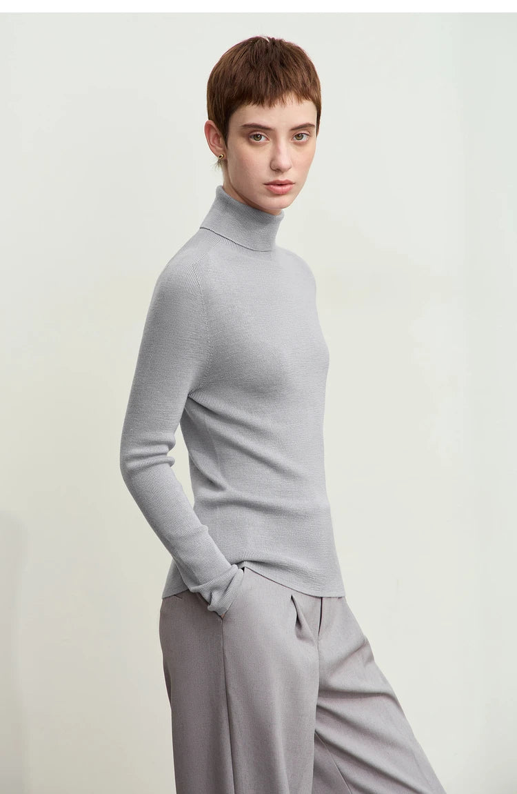 Damen-Rollkragenpullover 100 % Wolle Kammgarn schlank Winter
