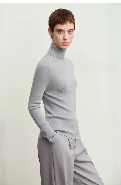 Damen-Rollkragenpullover 100 % Wolle Kammgarn schlank Winter