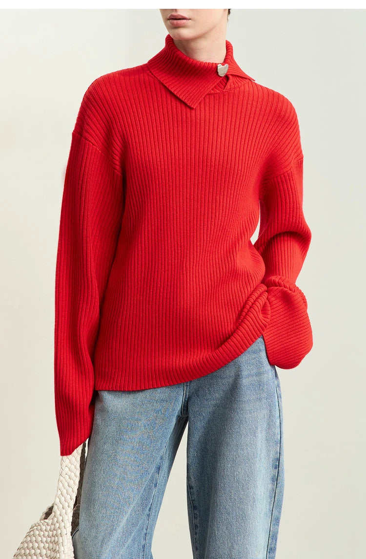 AMII Pullover aus Rippstrick, leuchtend rot, Kragen, lange Ärmel, lockere Silhouette.