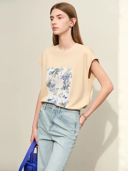 Damen T-Shirts im Minimalismus-Stil mit lässigem O-Neck und Blumen-Druck