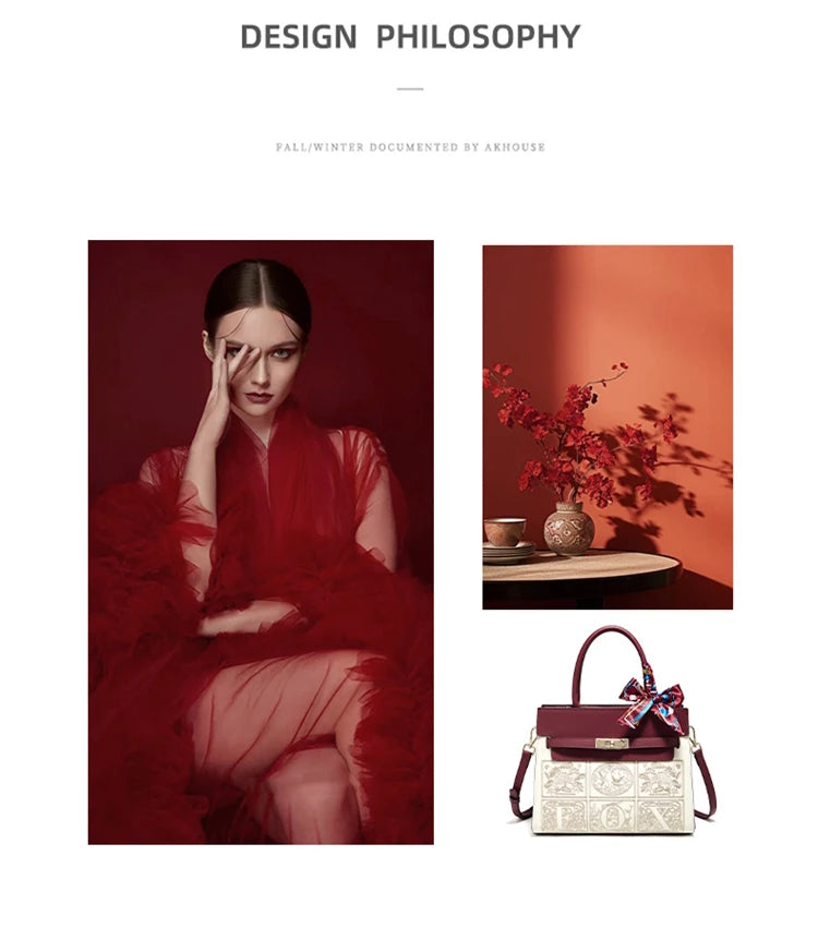 Damen Schultertasche aus Splitleder mit Stickerei im chinesischen Stil