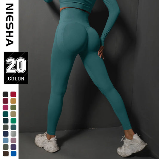 Nahtlose Leggings Hochbund, unisex Yoga-Fitness, türkis-dunkelgrün, lang, figurbetont