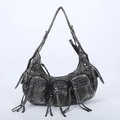 Damen-Schultertasche aus Vintage PU-Leder mit Mehrfachen Innenfächern und Quasten Alltagsbegleiter