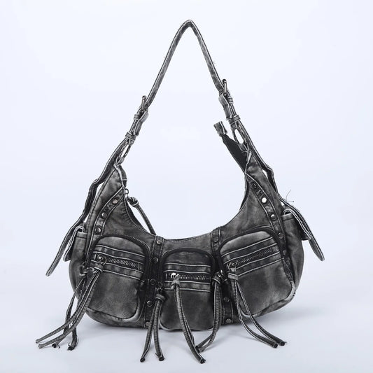 Damen-Schultertasche aus Vintage PU-Leder mit Mehrfachen Innenfächern und Quasten Alltagsbegleiter