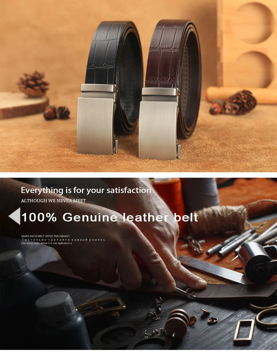Herren Echtleder-Gürtel Business Bambusmuster 3,5 cm Automatik-Schnalle Rindsleder