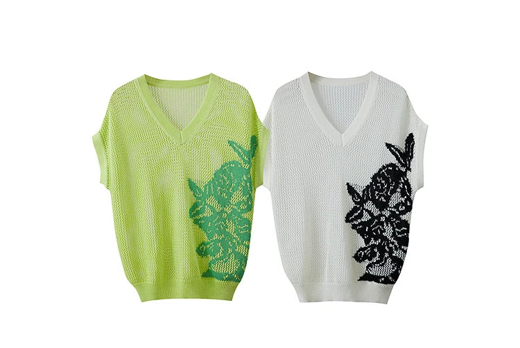 Damen V-Ausschnitt Pullover Viskose Kurzarm Aushöhlung Sommer