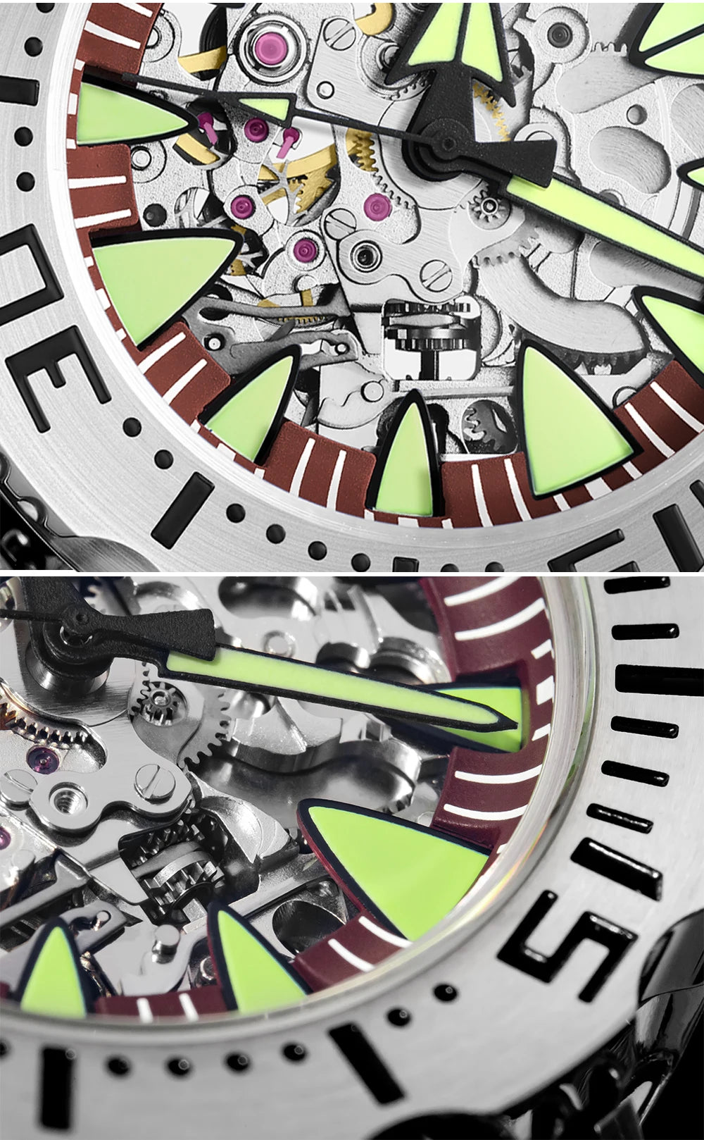 Herren Skeleton-Automatikuhr Saphirglas Edelstahl Leuchtzeiger wasserdicht