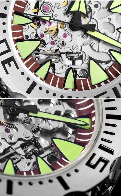 Herren Skeleton-Automatikuhr Saphirglas Edelstahl Leuchtzeiger wasserdicht