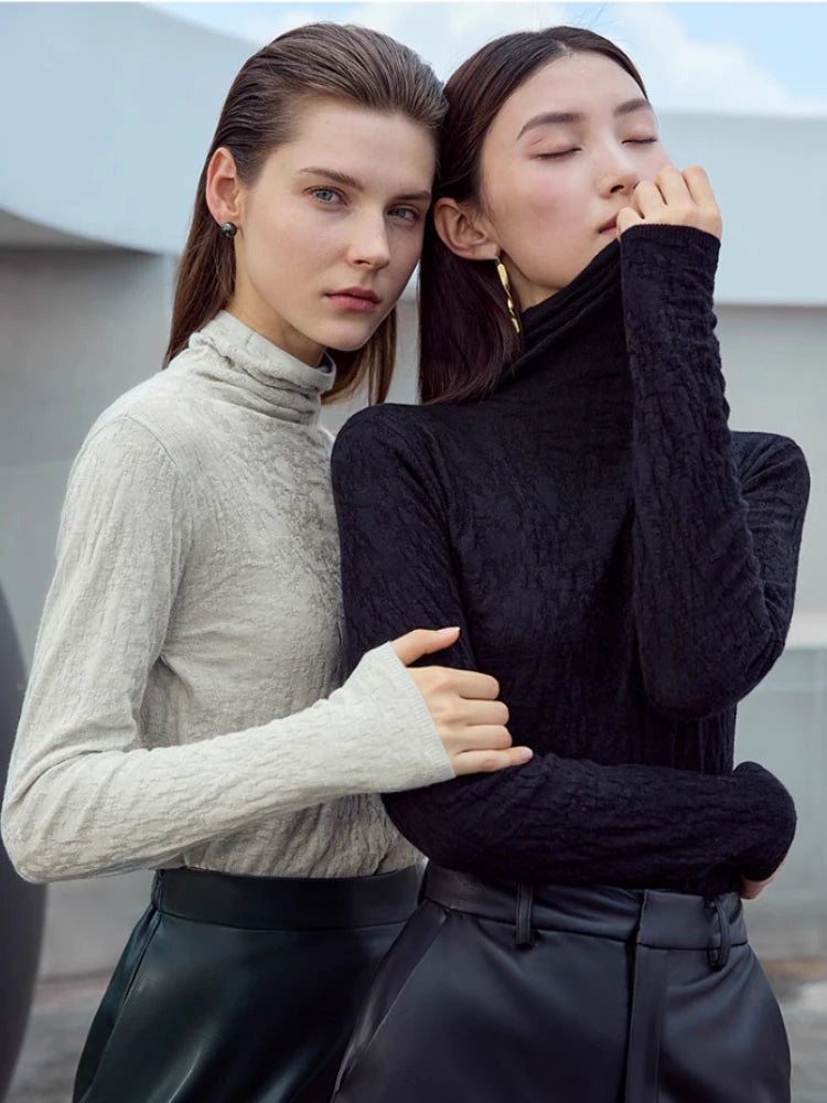 Damen-Rollkragenpullover Wolle-Mix schlank dünn Winter