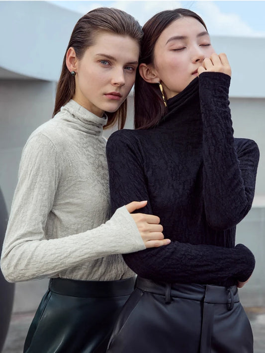 Damen-Rollkragenpullover Wolle-Mix schlank dünn Winter