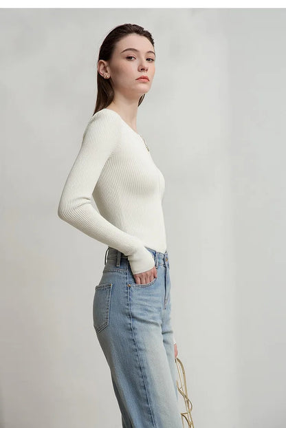 Damen-Rundhals-Cardigan Slim Doppelreißverschluss Viskose Frühling