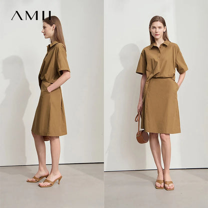Hemdblusenkleid für Damen in Braun mit kurzem Ärmel und Knopfleiste