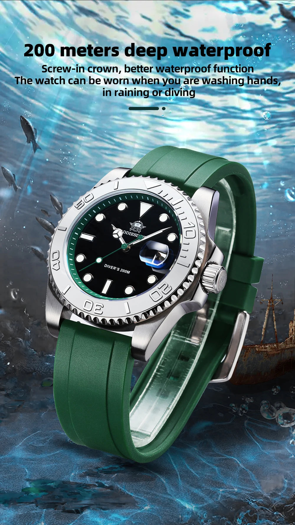 ADDIESDIVE 41mm AD2040 Sports Diver Watch TPU rubber belt Blue Luminous Reloj Hombre 200m Waterproof Quartz Watches