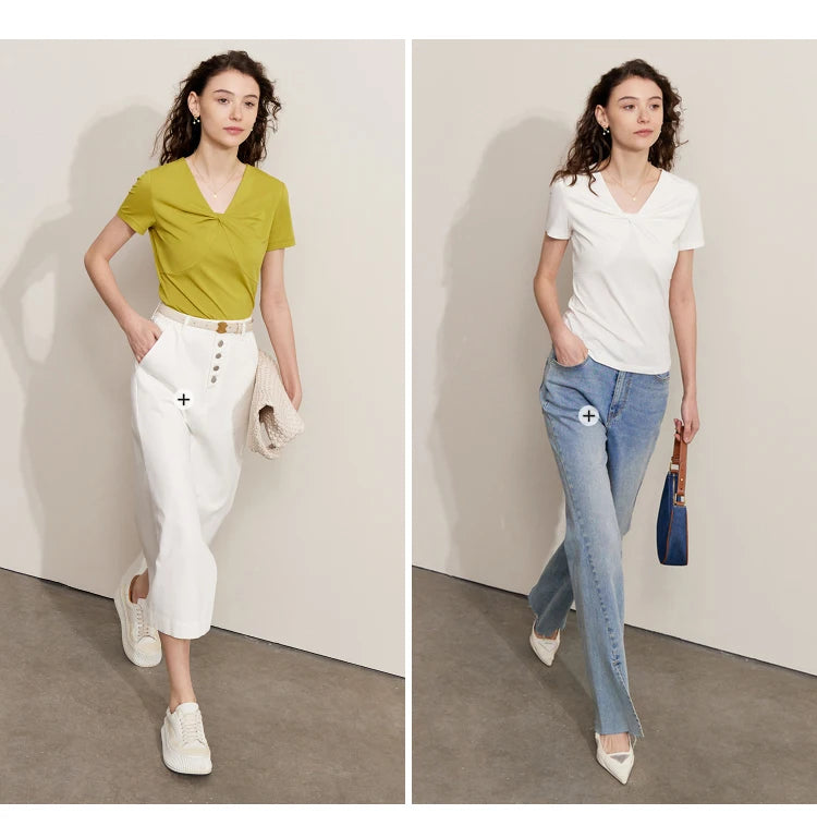 Damen T-Shirt im Minimalismus-Stil mit V-Ausschnitt und dünnem Design