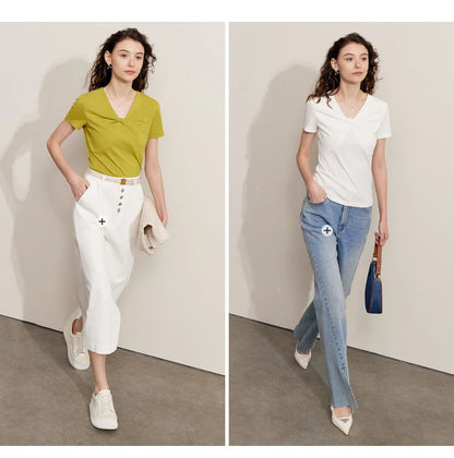 Damen T-Shirt im Minimalismus-Stil mit V-Ausschnitt und dünnem Design