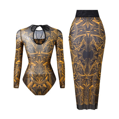 Damen-Badeanzug Blumen Langarm Sarong einteilig gepolstert