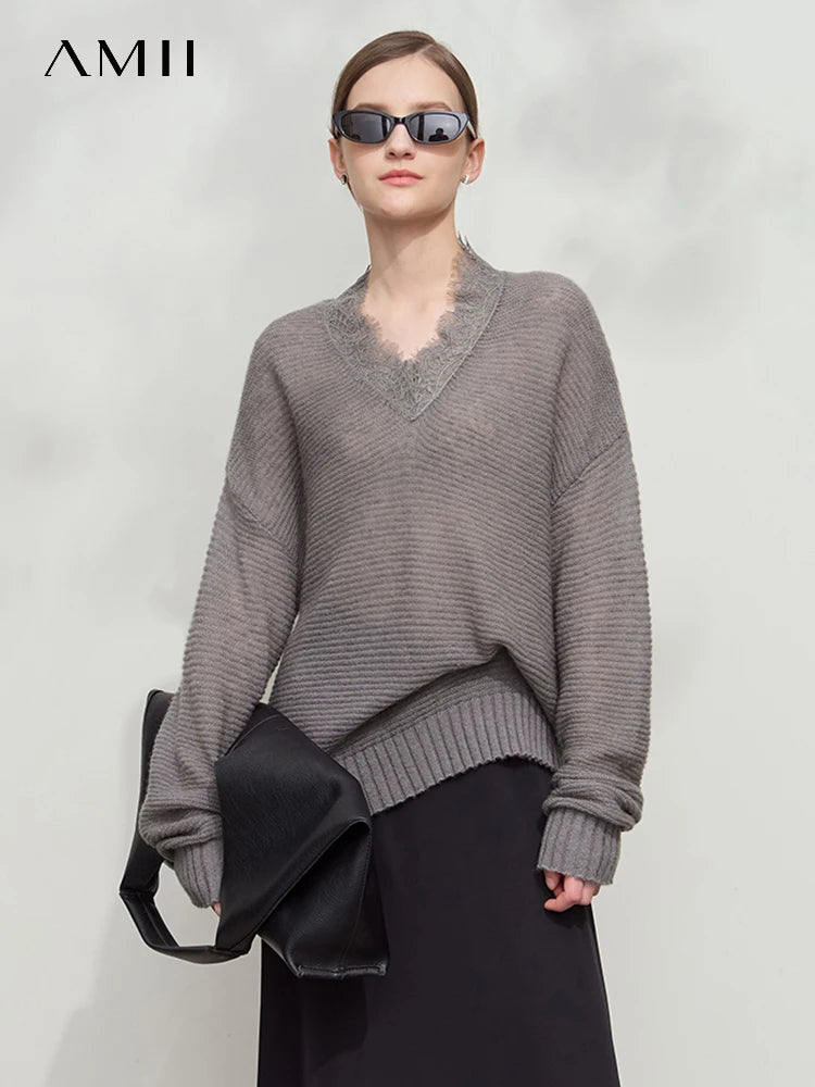 Damen V-Ausschnitt Pullover Mohair Spitze locker mittellang Frühling