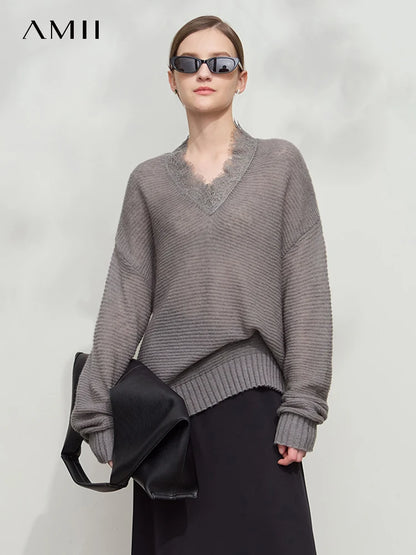 Damen V-Ausschnitt Pullover Mohair Spitze locker mittellang Frühling