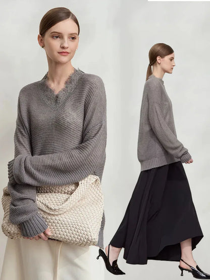 Damen V-Ausschnitt Pullover Mohair Spitze locker mittellang Frühling