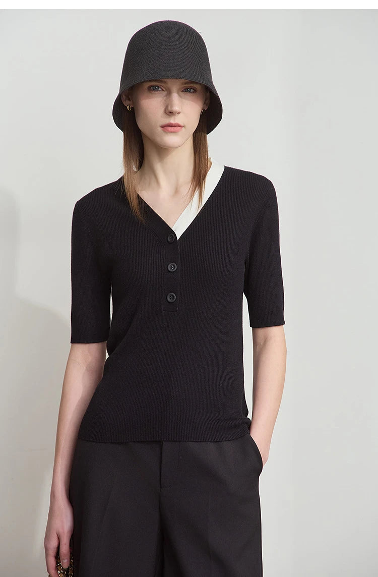 Damen-Strickpullover mit V-Ausschnitt, halbem Ärmel und Knopfleiste, schwarz