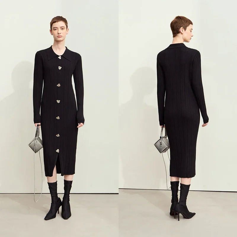 Elegantes Gestricktes Kleid Für Büro Damen Mit Kragen Und Knöpfen
