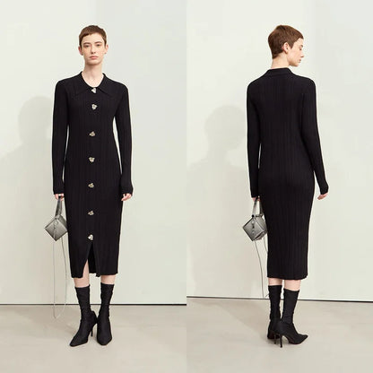 Elegantes Gestricktes Kleid Für Büro Damen Mit Kragen Und Knöpfen