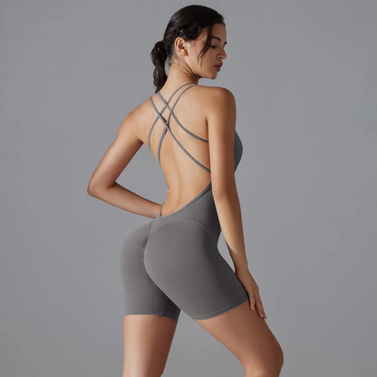 Brauner Yoga-Overall mit offenem Rücken und Kreuzträgern