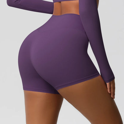Damen-Sportshorts mit hoher Taille, dunkellila, eng anliegend