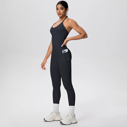 Damen-Yoga-Set in Schwarz: Trägertop und Leggings mit Handytasche am Bauch