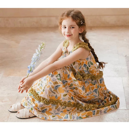 Ärmelloses Sommerkleid für Mädchen im chinesischen Stil aus 100% Baumwolle mit kleinem Blumenmuster – Cheongsam für Kinder von 3 bis 14 Jahren