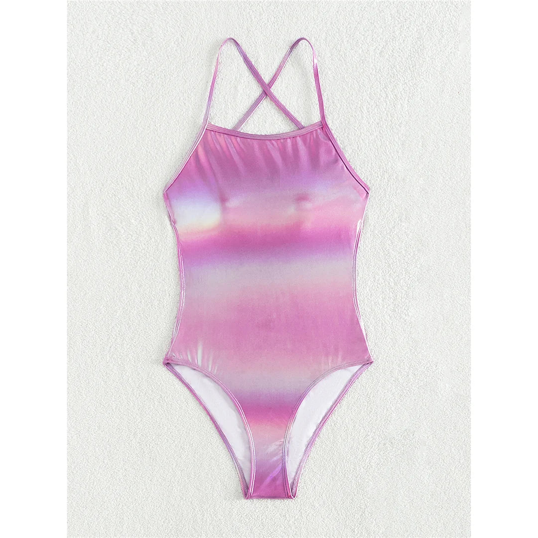 Damen Badeanzug PU-Kunstleder Kreuzrücken hoher Beinausschnitt rückenfrei Monokini