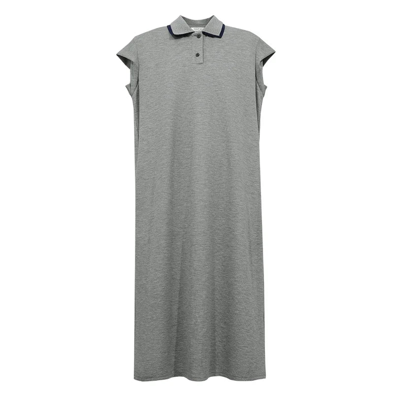 Midi-Strickkleid hellgrau, Polokragen mit Knopfleiste und kurzen Ärmeln
