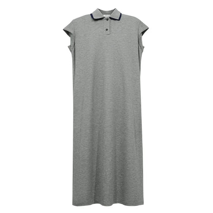 Midi-Strickkleid hellgrau, Polokragen mit Knopfleiste und kurzen Ärmeln