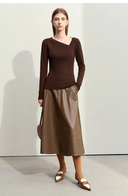 Brauner Damenpullover mit schrägem V-Ausschnitt und langen Ärmeln, eleganter Basic