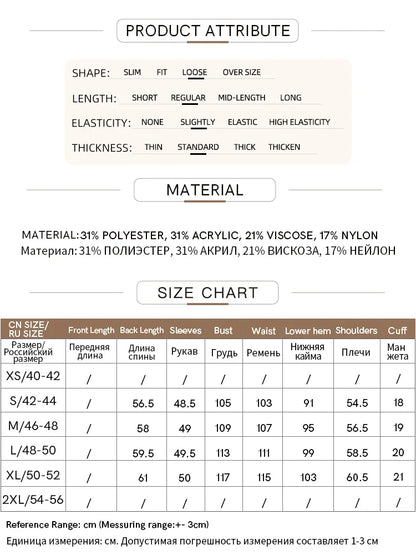 Größen- und Materialtabelle mit Angaben zu Polyester, Acryl, Viskose und Nylon