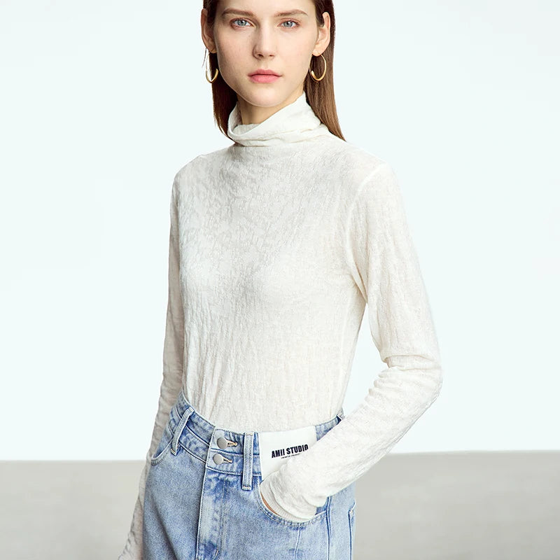 Damen-Rollkragenpullover Wolle Slim einfarbig Büro Winter