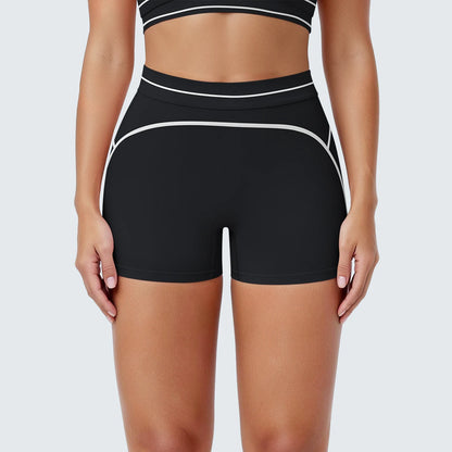 Gestreifte Yoga-Shorts für Damen in Schwarz mit Kontrastbund und Hüftlift