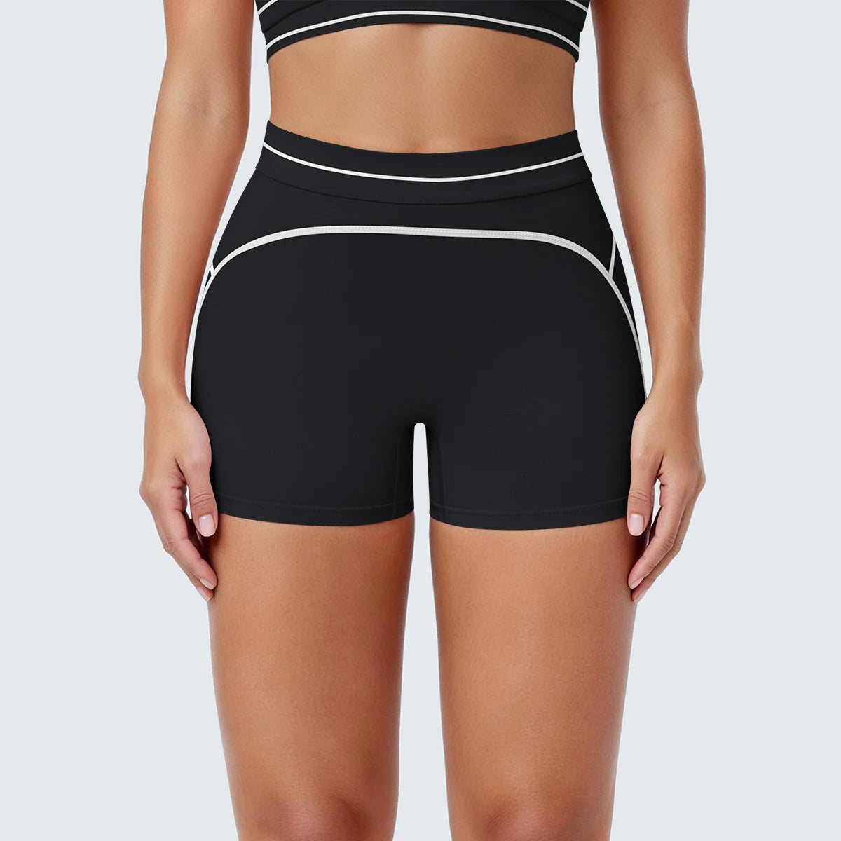 Damen-Yoga-Shorts, schwarze Farbe mit weißen Streifen und breitem Bund