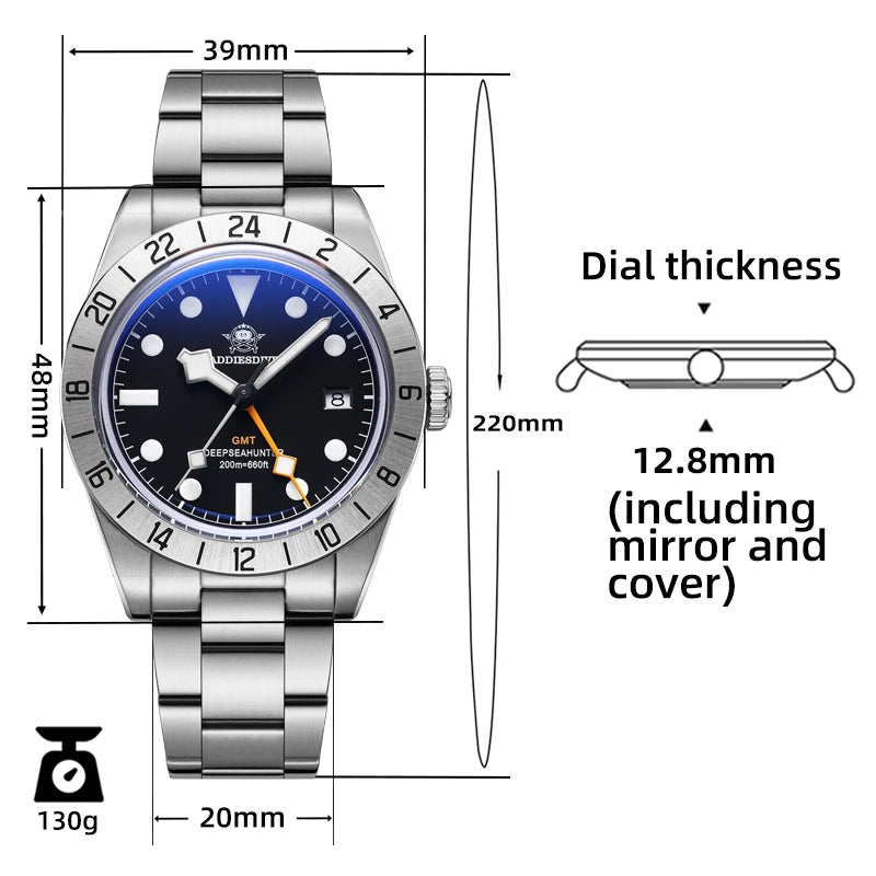 Herren-GMT-Taucheruhr mit Swiss-Ronda-Werk und Bubble-Glas