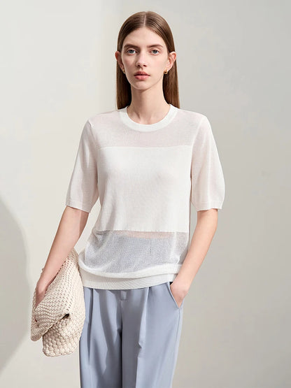 Damen-Strickpullover mit O-Ausschnitt, kurzärmelig, cremefarben mit hellgrauem Streifen